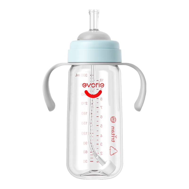 Evorie Baby Bottle Set, Wide-Neck Bottles for Babies over 6 Months Old, One Bottle with Three Functions, 300ml, Blue