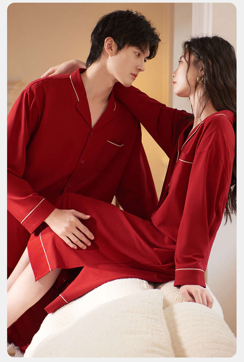 XULEN Modal Cotton Couples Red Nightgown and Robe Set for Wedding Year 63351 Jujube Red - Women M 12