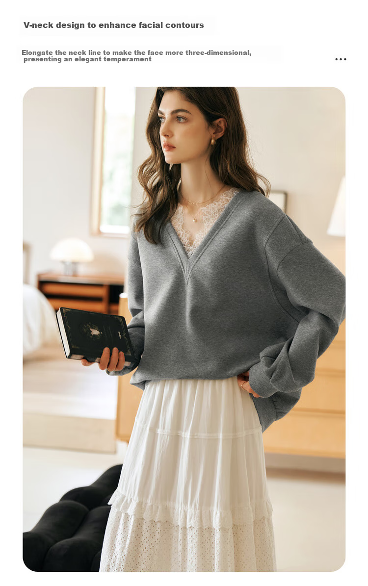 Oulain French V-Neck Sweatshirt for Women, Spring New Style Distinctive Lace Casual Pullover Top, High Gray, Size S 6