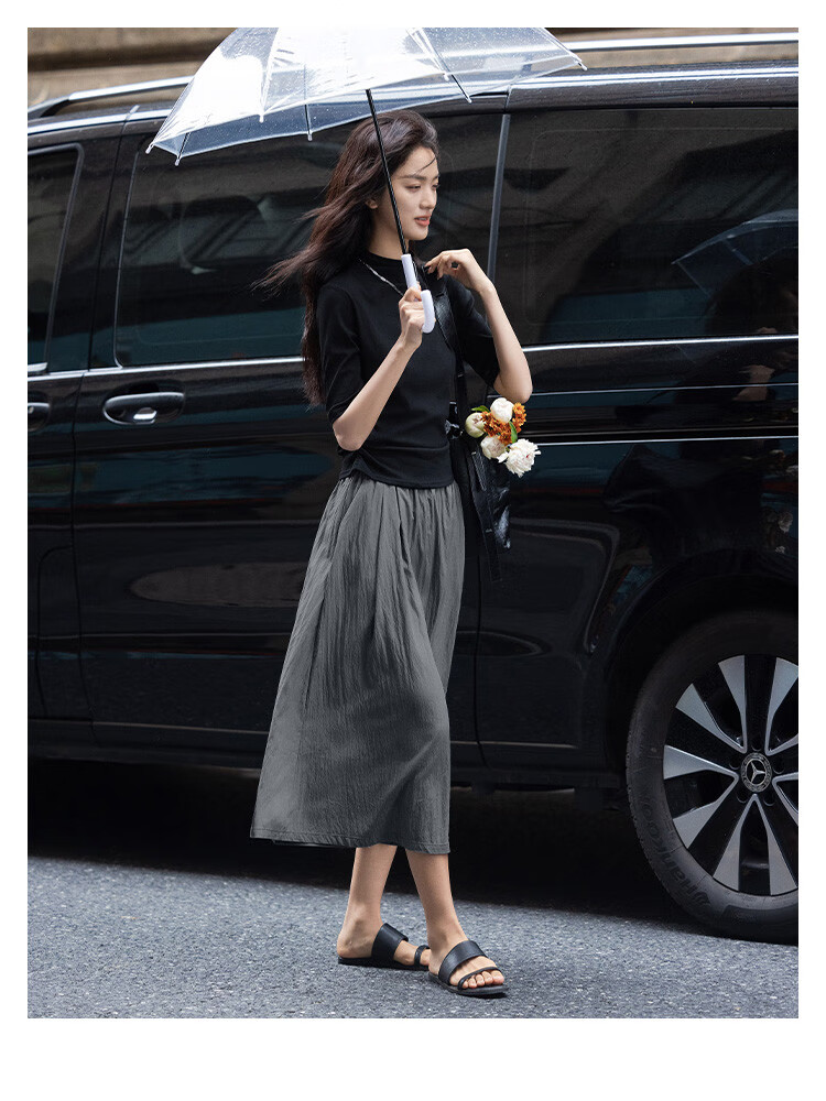 Dme [Relaxed Gray Midi Skirt] Spring And Autumn Wear, Draping, Simple, Loose-Fitting, Elastic Waist, Everyday Layered Midi Skirt 8