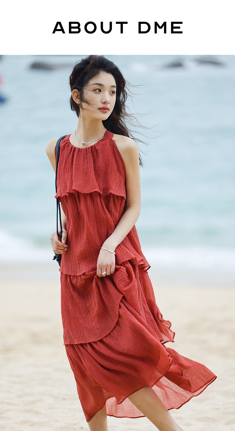 Dme [Heavy Workmanship Layered Spaghetti Strap Dress], Summer Vacation Style, Retro Brick Red, Elegant Cake Skirt 1