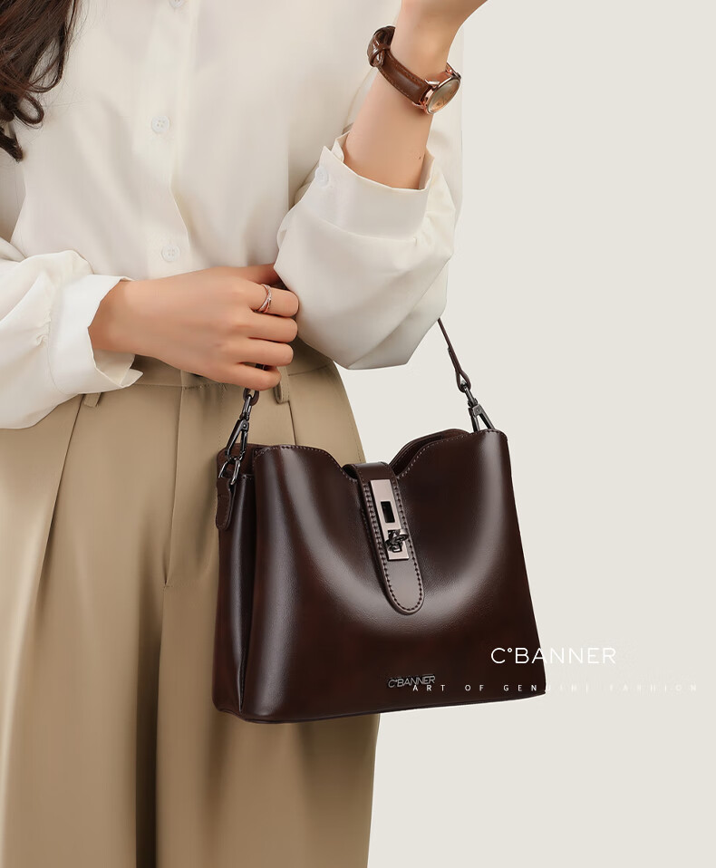 C.BANNER Leather Handbag, Women's Bucket Bag, Soft Leather Shoulder Crossbody Bag, Light Luxury Birthday Mother's Day Gift, Practical Present for Mom 1