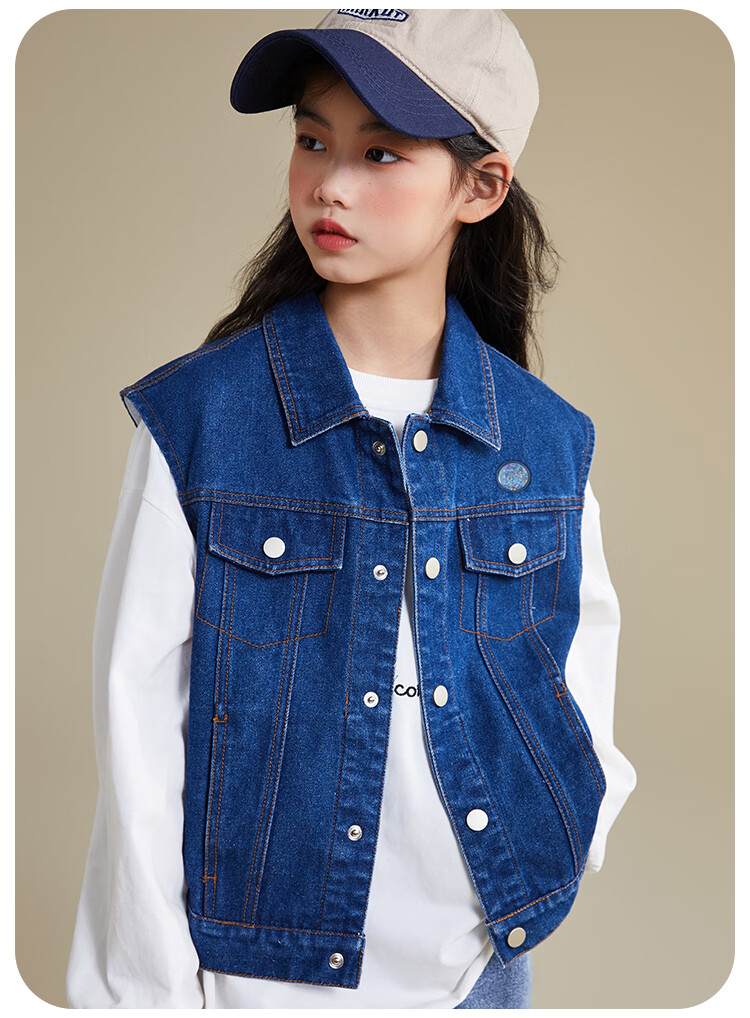 QQ DUCK Children's Denim Vest Girls' Sleeveless Jacket Youth Clothing Classic Vest Navy Blue; 165 14