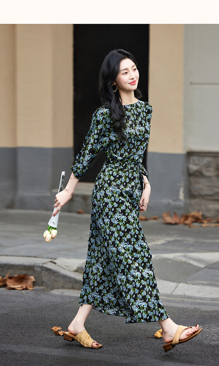 Demana Composite Silk Huayao Print Spring French Style Boat Neck Waist Cinched Floral Raglan Wrap Patchwork Women's Dress 9
