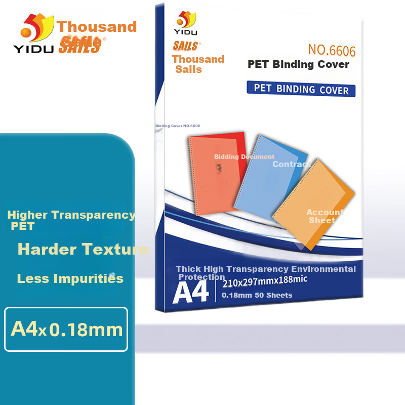 SAILS PET Transparent Binding Cover A4 0.188mm, Binding Film Transparent Cover, PET Eco-Friendly High Transparency 210x297mmx188mic, 50 Sheets