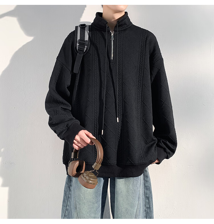 Dingfengbaoluo Jacquard Heavyweight Sweatshirt for Men, Autumn And Winter Half-Zip Turtleneck Warm Base Layer GC01 Black L 7