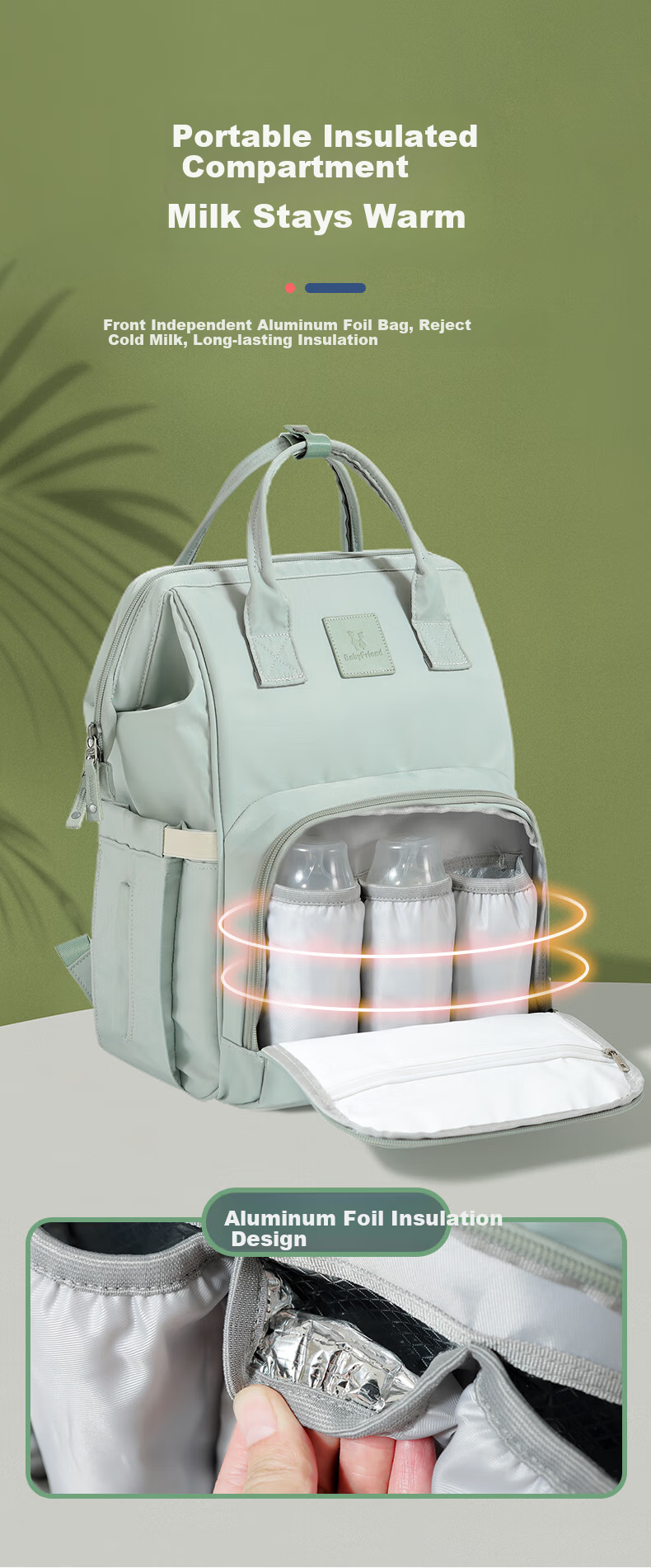 Baby Friend Mommy Bag, Large Capacity Backpack with Waterproof Dry And Wet Separation, Baby Backpack, Fresh Gree 8