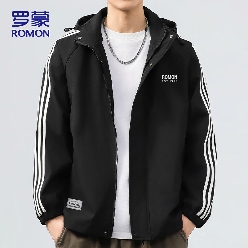 ROMON Men's Casual Jacket 2026 Spring Autumn Korean Style Loose Fit Black L