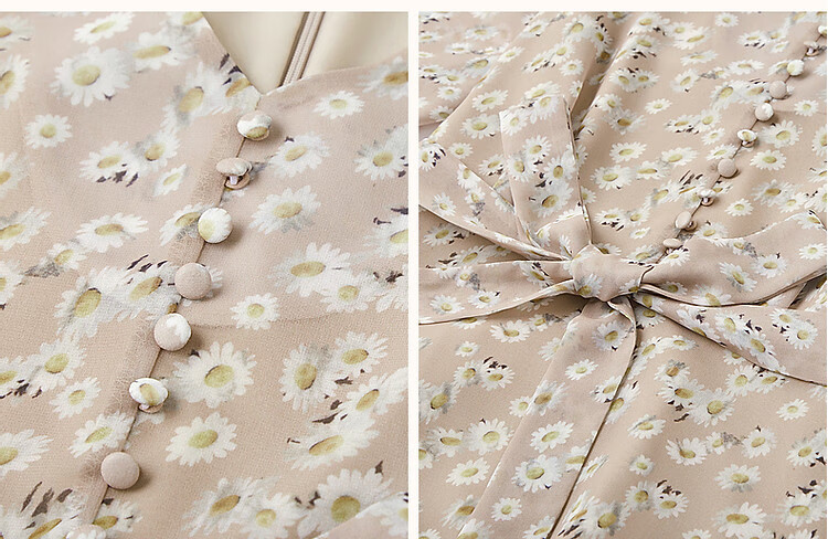 Dme [Xiao Zhi Ju Print Chiffon Dress], Spring And Autumn V-Neck Waist-Cinching Puff Sleeve Midi Dress for Wome 8