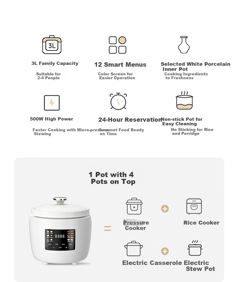 Ankale Micro-Pressure Rice Cooker 3L, All-White Ceramic Inner Pot, Non-Stick Easy-To, Household Small 2-5 People Multifunctional Pressure Cooker Electric Sand Pot Electric Stew Pot 2