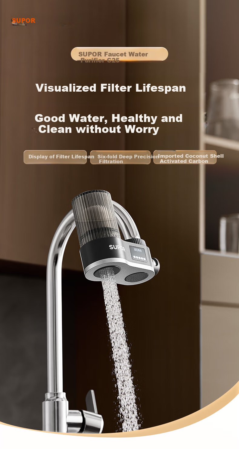 SUPOR Faucet Filter Cartridge, Replacement Indicator, Washable Filter Element, Chlorine Removal And Scale Prevention, 1 Machine with 4 Cartridges, Household Water Purifier, Kitchen And Bathroom Tap Water Filter, C25 Single Cartridge 1