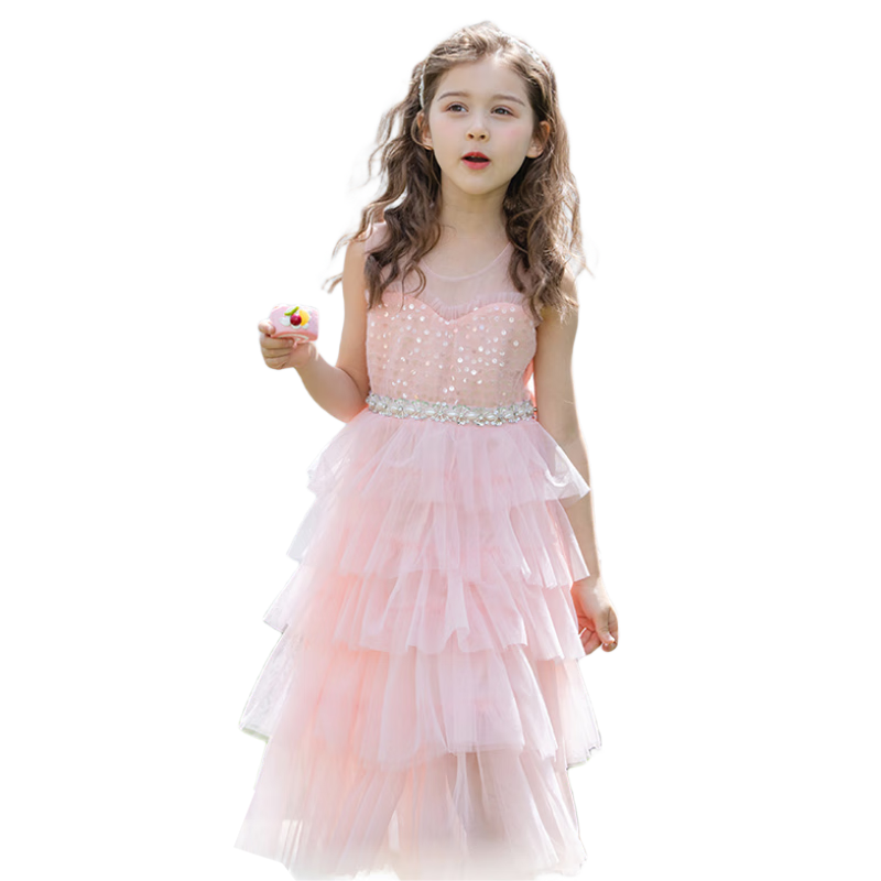 Fulromy Girls' Dress Cake Princess Dress Little Girls Tulle Cake Dress Medium and Large Children's Formal Dress Pink 165