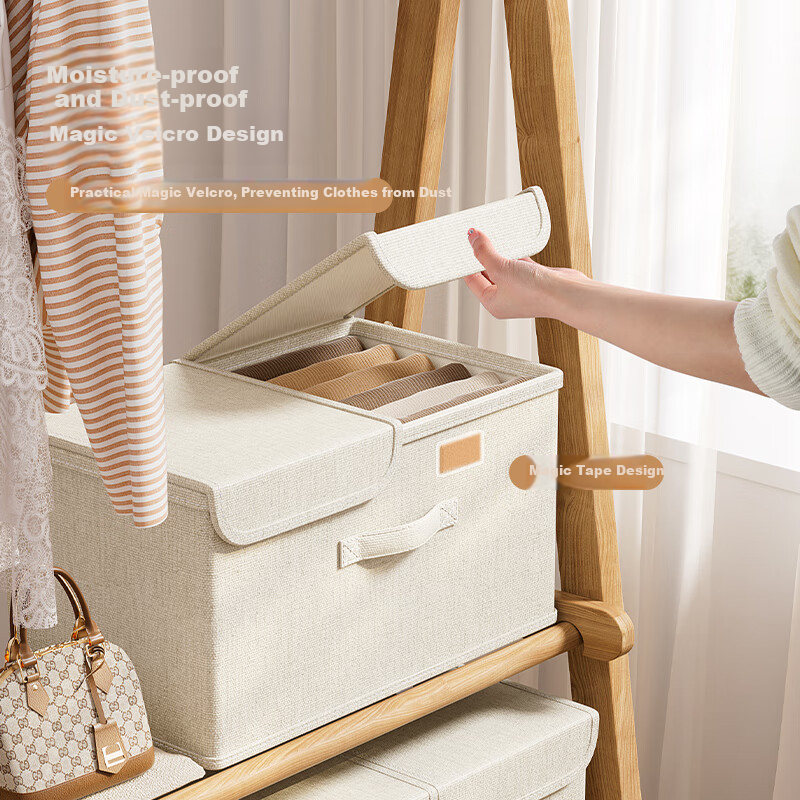 Bangnimeijia Cotton And Linen Lidded Wardrobe Storage Box, Large Capacity Double-Layer Mold-Resistant Foldable Seasonal Storage Container, Beige Medium Size