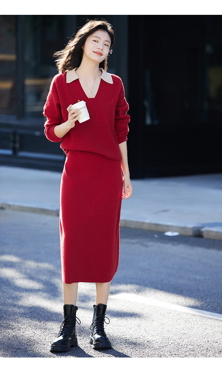 Demana Color-Block Polo Collar Set Autumn Long Sleeve Pullover Knit Two-Piece Set for Women 7