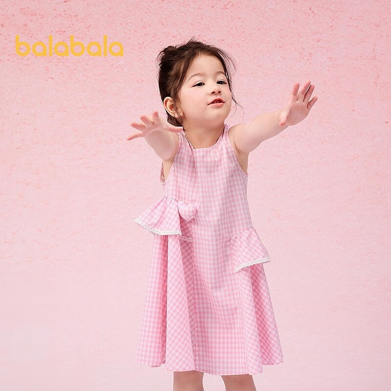 BALABALA Girls' Dress, Children's One-Piece Dress, 2025 Summer Style, for Young And Middle-Aged Children, Plaid Sleeveless Princess Dress, 208225111016