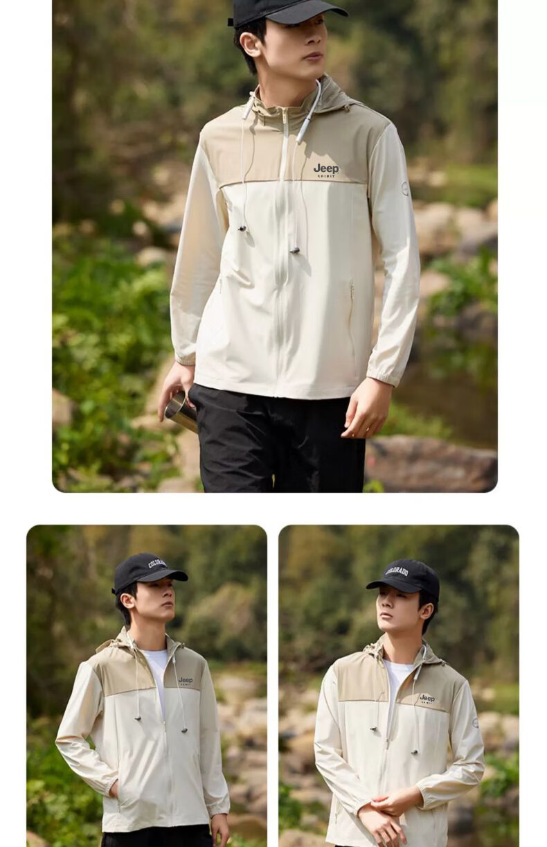 JEEP SPIRIT Sun Protection Jacket for Men, Summer Couple Ice Silk Fishing Wear, Lightweight Breathable Coat for Men, Khaki, 2XL 4