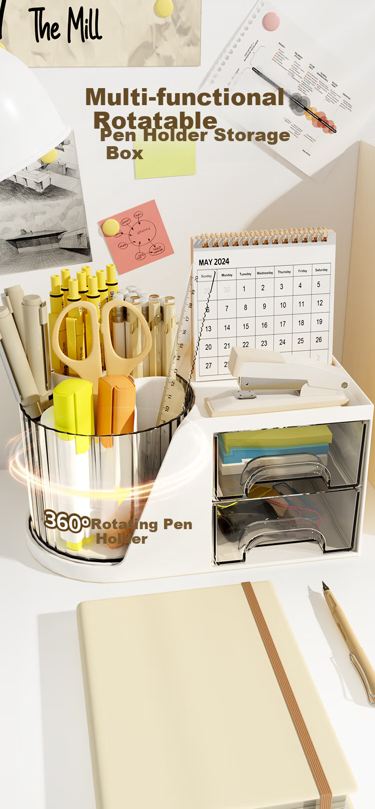 Jinzhi Multifunctional Rotatable Pen Holder/moonlight White, Large Capacity Storage Box, Student Desktop Children's Desk Organizer, Office Multi-Functional Pen Container, Cosmetic Storage Box 1