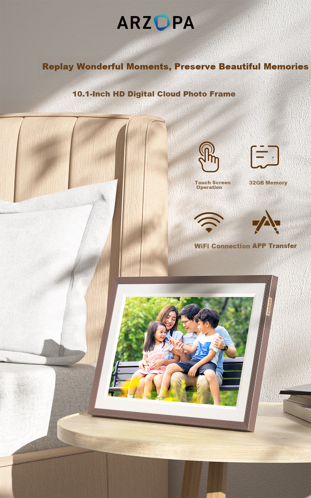 ARZOPA D10 10.1-inch Cloud Drawing Screen HD Digital Photo Frame Display Touchscreen Photo Video Player Desktop and Wall Mount Champagne Gold Holiday Gift 2