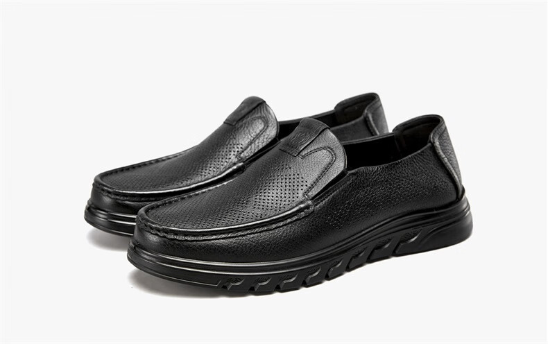 Yierkang Casual Leather Shoes for Men, Comfortable Slip-On Loafers with Perforated Design for Middle-Aged Fathers, Model 61775W, Black, Size 41 10
