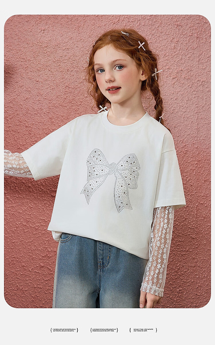 ASK JUNIOR Children's T-Shirt with Two Layers, Spring 2026 Girls' Butterfly Bow Lace Long-Sleeve Base Round Neck Top, Off-White, Size 130 12