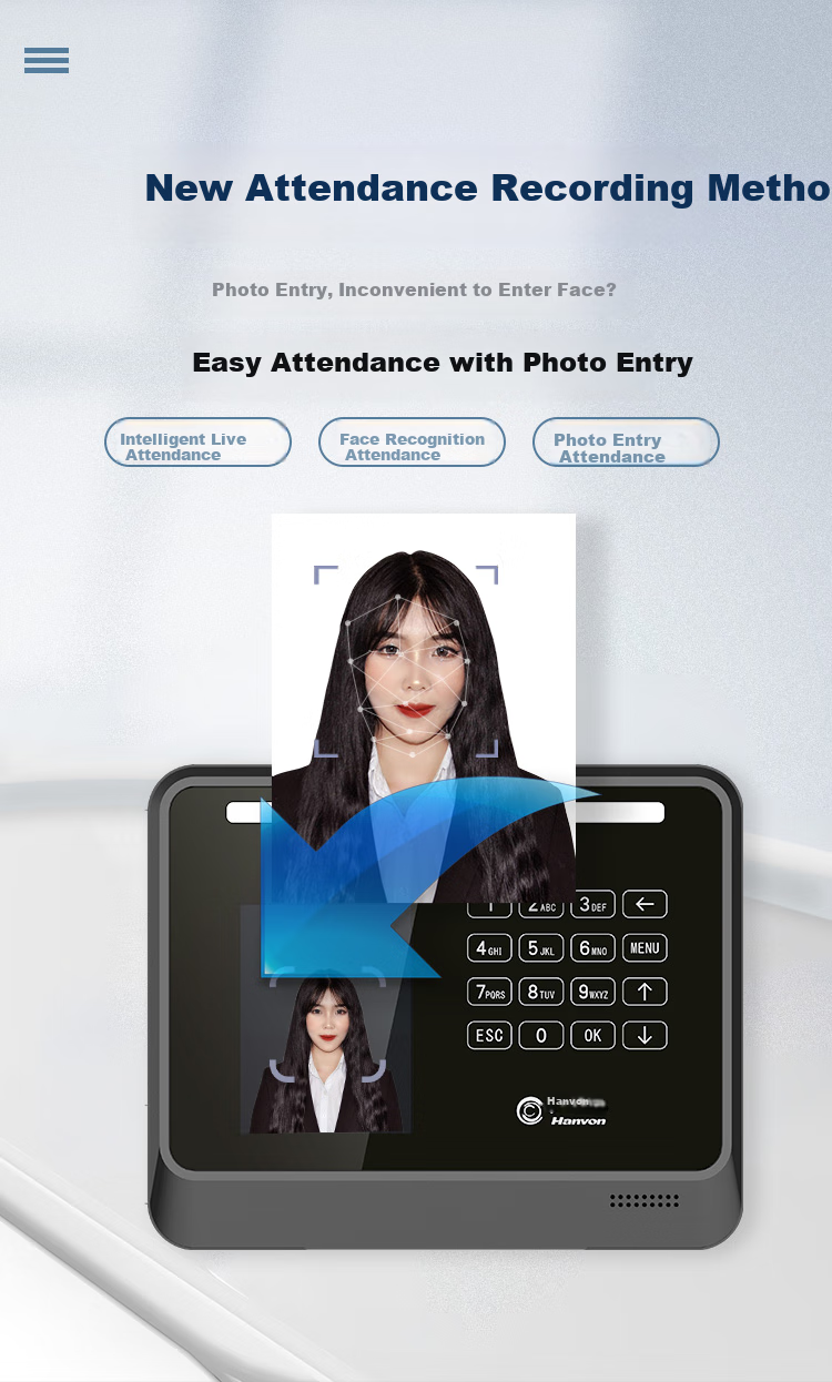 Hanvon Attendance Machine with 0.1 Second Facial Recognition Check-In, 300 Face Capacity, No Network Required, Visible Light Recognition, One-Click Report Export HW-D2 5