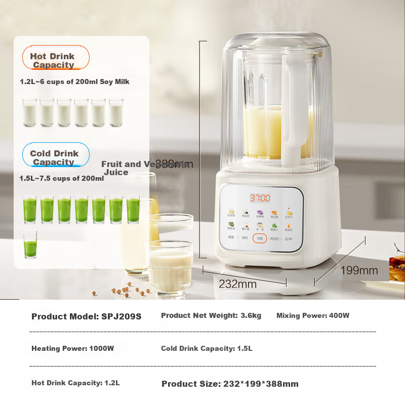 SUPOR Quiet Blender, 1.5L Low-Noise Covered Noise Reduction Soy Milk Maker, Programmable Heating Filter-Free Fully Automatic Baby Food Processor, Ice Crusher And Juicer Machine SPJ209S