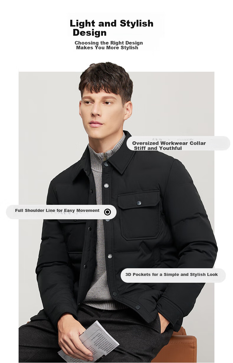 DANCING WOLVES [90% White Duck Down] Fashionable Lapel Pocket Workwear Style Jacket for Men, Thick down Coat, 001 Black, Size 165 4