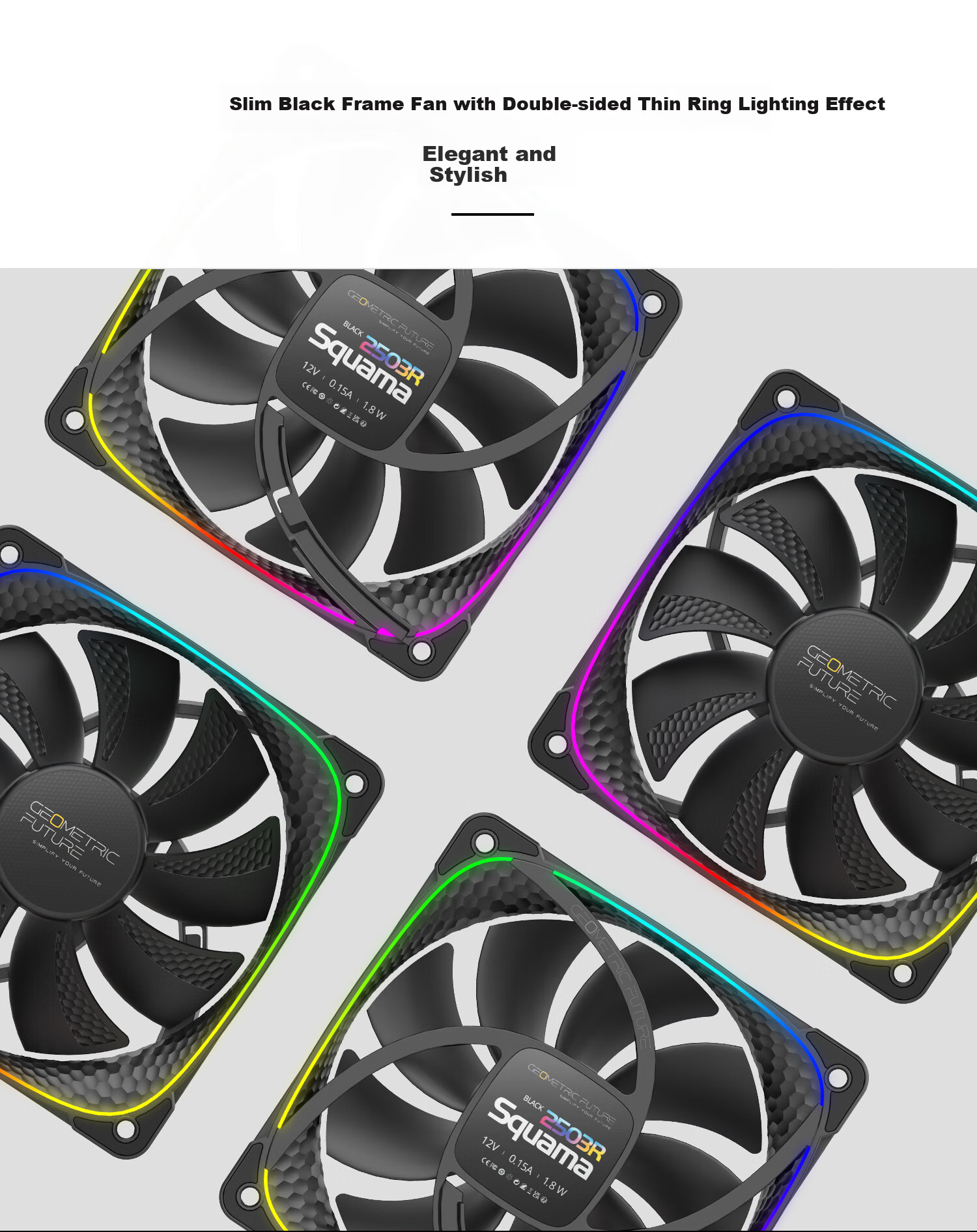 GeometricFuture Case Cooling Fan, Longshen 2503R Reverse Blade Fan, Black, ARGB Light Synchronization/PWM Speed Control, Single Pack 5