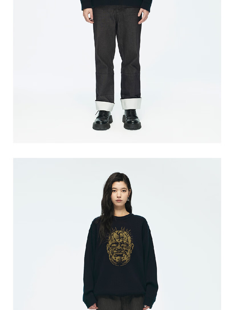Black Myth Jinchi Phantom Double-Sided Sweater Mustard Yellow/Navy Blue L Size Black Myth Wukong Official Merchandise Unisex Wool Blend Warm Crew Neck Pullover Loose Knit 6