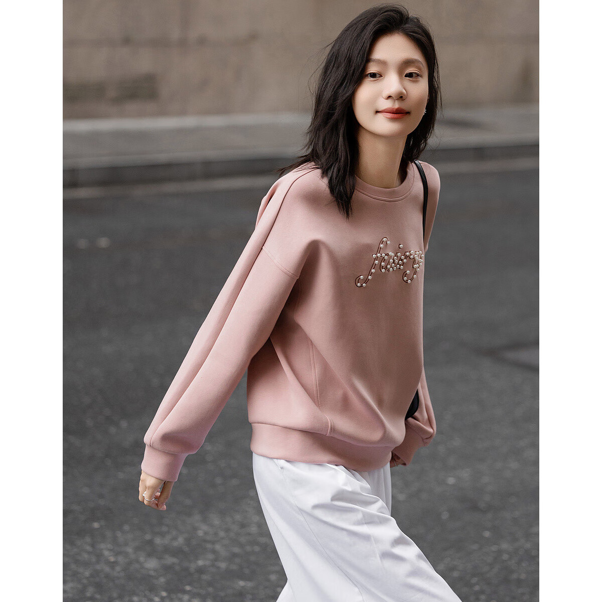 Demana 350G Air Layer Spring Fashion Round Neck Beaded Letter Embroidery Loose Fit Slimming Sweatshirt for Women