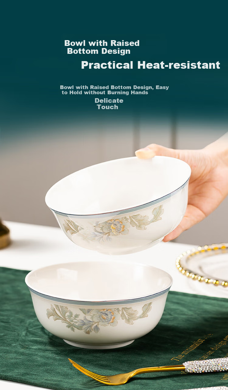 JD Original Bowl And Plate Tableware Set, Housewarming Porcelain Dish Set for Home Use, Huakai Bajia Noodle Bowl, 6 Inches * 2 4