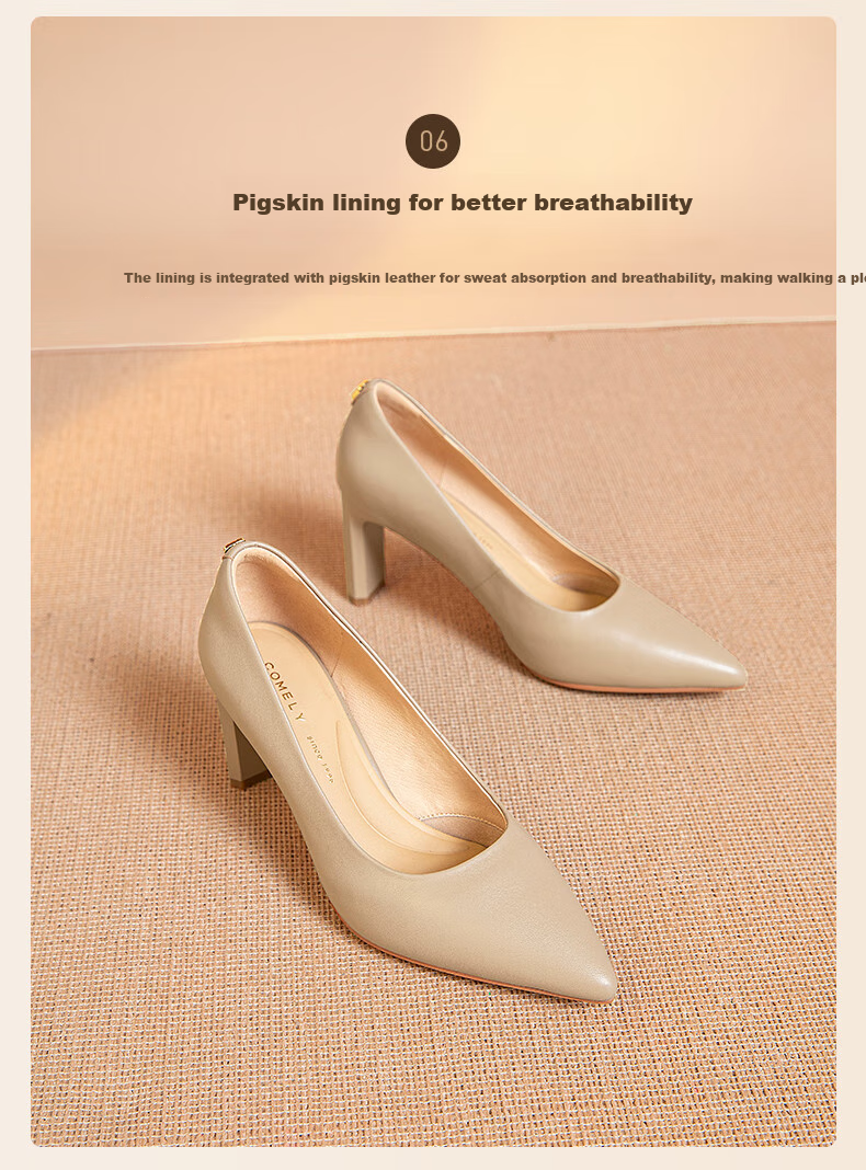 COMELY High Heels for Women, Chunky Heel Pointed Toe Comfortable Soft Sheepskin Ladies Pumps Soft Sole Professional Shoes, Black, Size 34 9