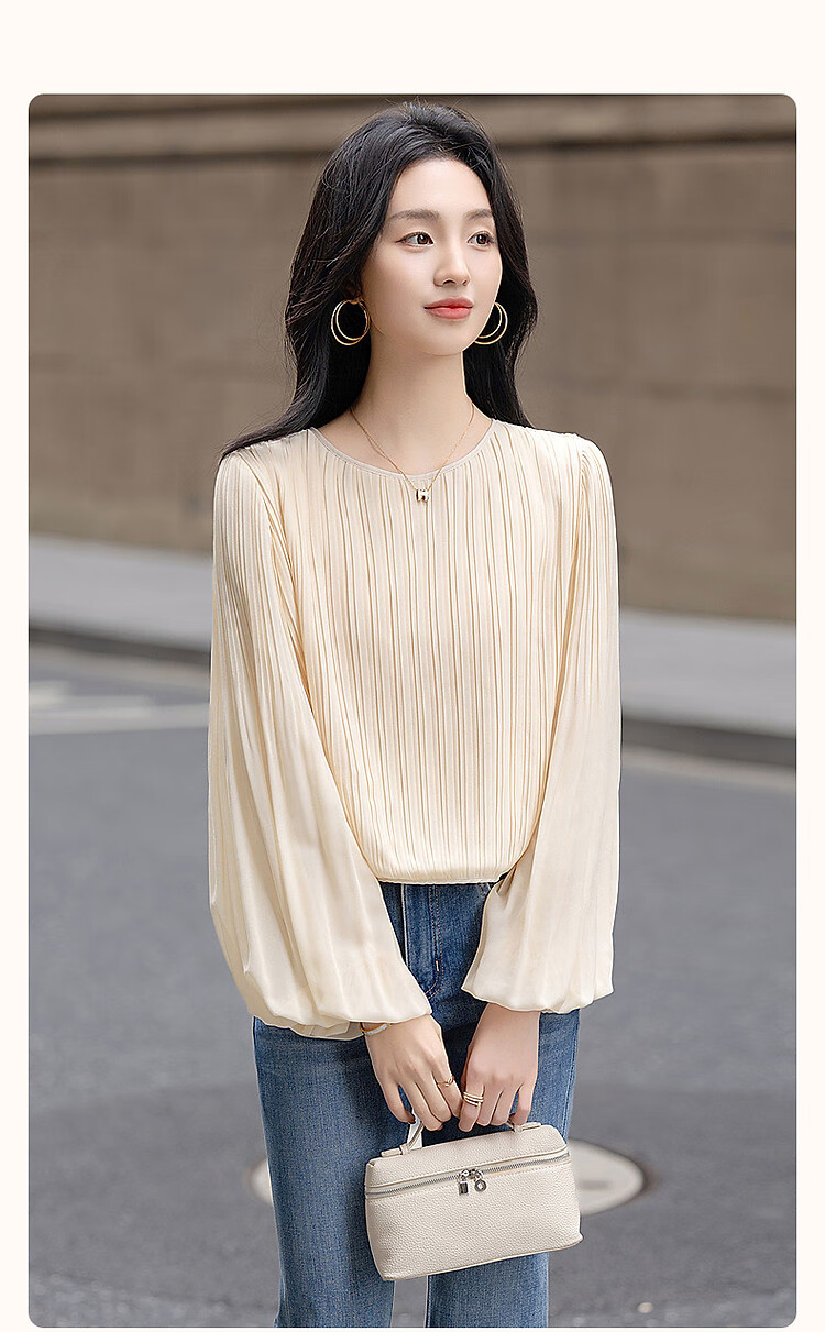 Dme [Gentle Daily] Spring Cream-Colored Textured Chiffon Blouse with Lantern Sleeves, Ladylike Shirt Women's Top 2