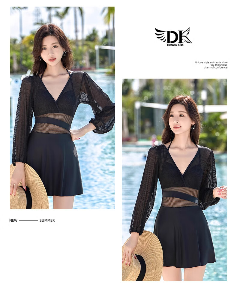 DK Women's Swimsuit, 2026 New Style, One-Piece Long Sleeve, Slimming, Elegant, Conservative, Suitable for Hot Springs, Beautiful Adult Swimwear, M Size 7