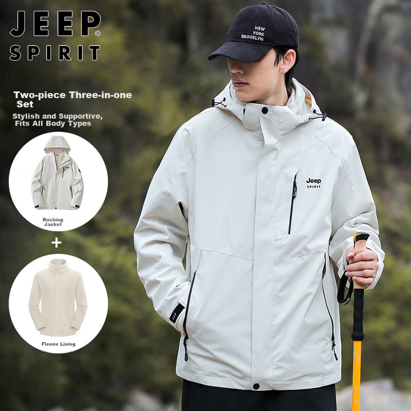 JEEP SPIRIT Men's Jacket, Spring And Autumn Korean Style Workwear Three-In Fleece Windbreaker Coat for Men, Ivory White, 4XL