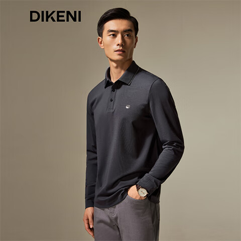 DIKENI Spring And Autumn Men's Lapel Long-Sleeve Knitted Business-Style Polo Shirt, Dark Gray, M (48)