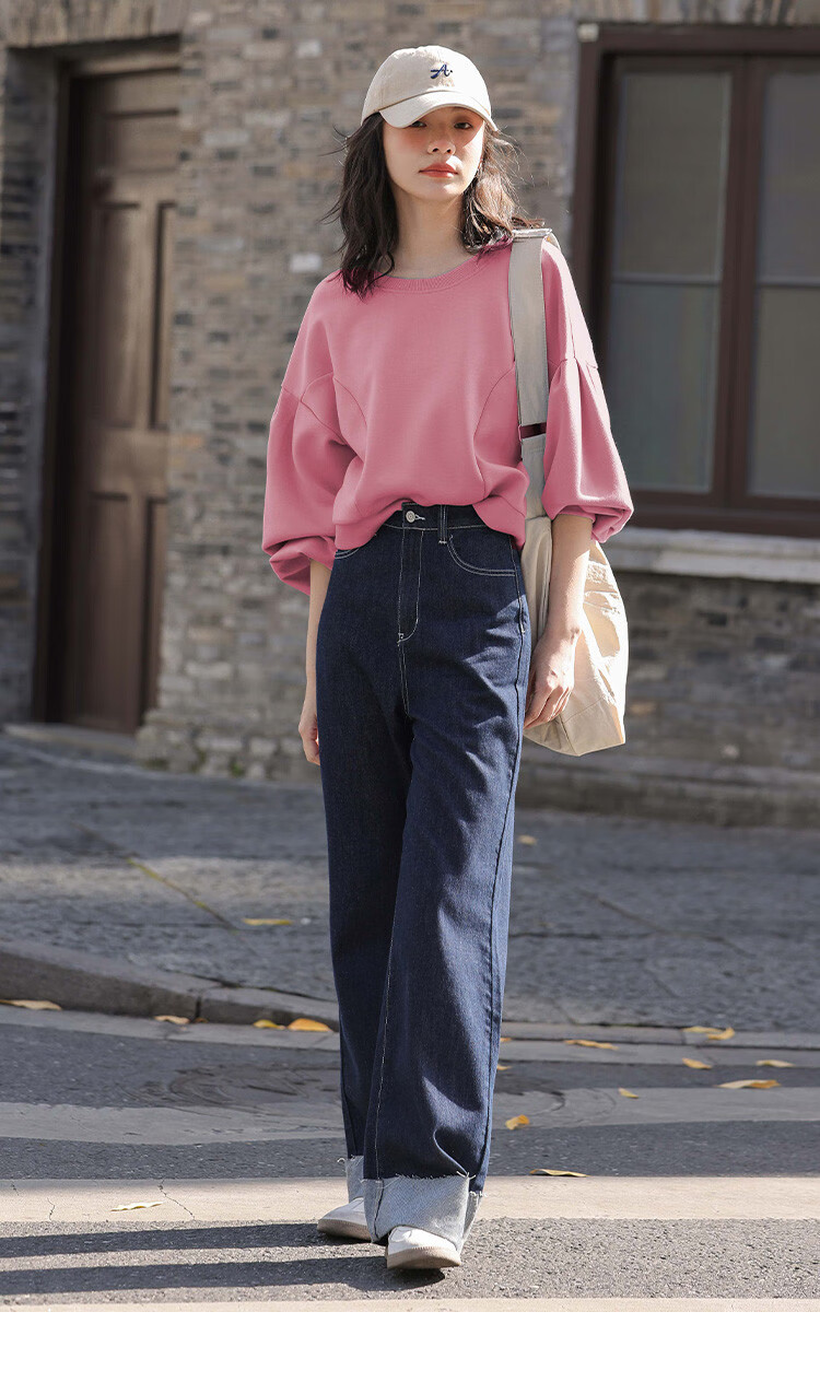 Dme [Raspberry Pink Short Puff Sleeve] Autumn Round Neck Drop Shoulder Puff Sleeve Plus Size Split Design Sweatshirt 15