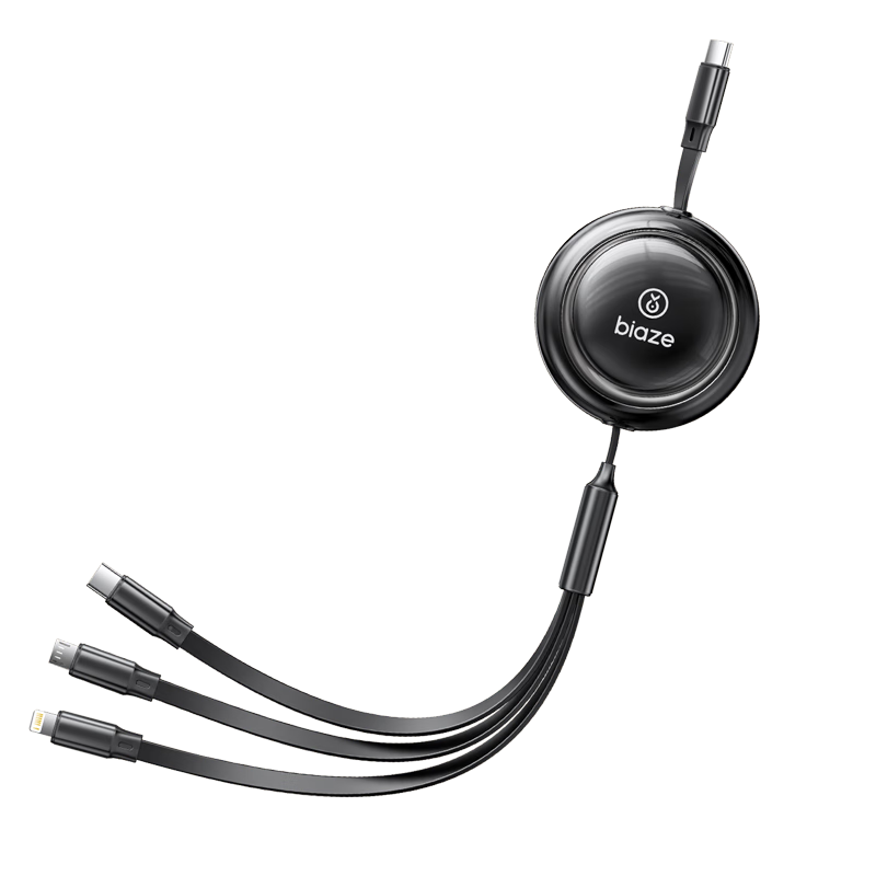 BIAZE Retractable Three-In Data Cable, 100W One-To Fast Charging Cord, Suitable for Apple IPhone 18/17/16/15/14, Huawei, Honor, Xiaomi, Type-C Phones And IPads