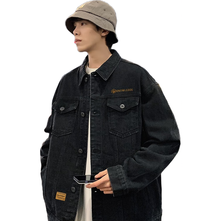 TonLion 2024 Men's Lapel Denim Jacket, Black, Size L
