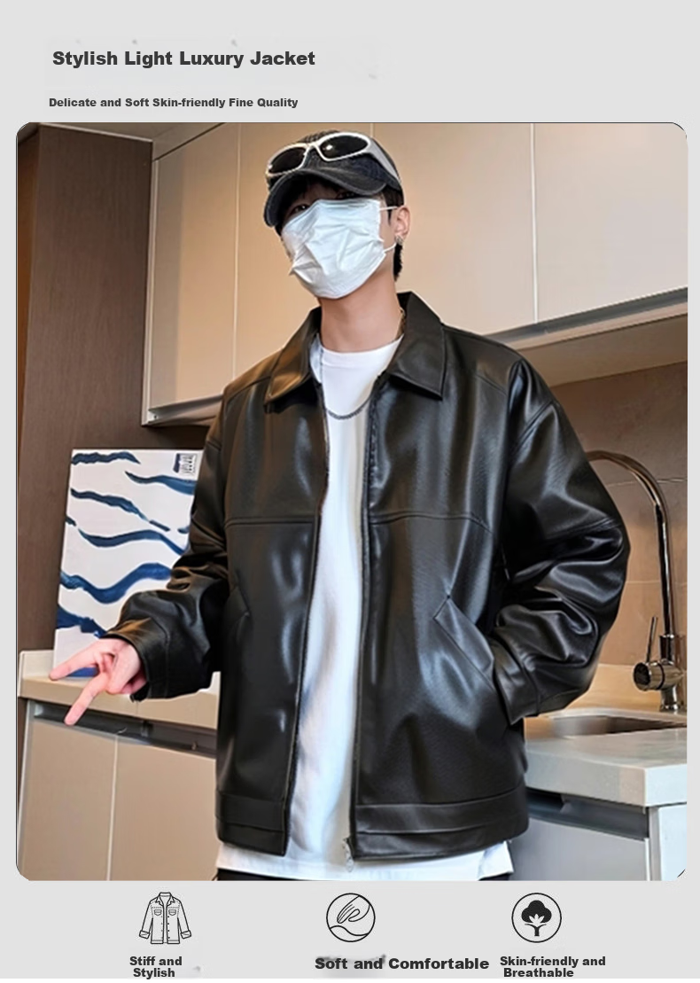 Foss Phil Men's Leather Jacket, Spring And Autumn Fashion Motorcycle Style, Korean Version Loose Casual Leather Coat, 6266 Black 3XL 1