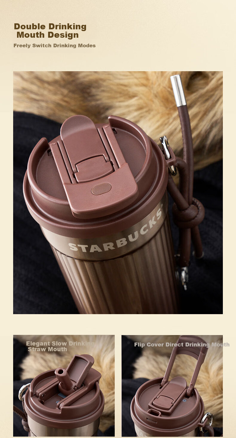 Starbucks Brown Gold Luster Series Dual-Drinking Stainless Steel Desktop Cup, 470ml Coffee Mug Water Cup, Gift for Men And Women on National Day 4
