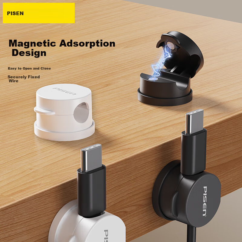 PISEN Magnetic Cable Organizer [Set of 3], Desktop Cable Management Clip for Data Cables, Phone Cables, Charging Cables, Network Cables, No Drilling Required, Cable Wrap Clips, Wire Organizer, White
