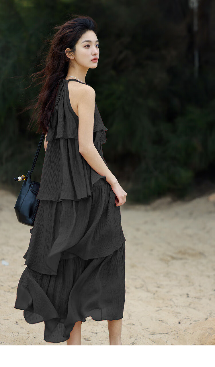Dme [Heavy Workmanship Layered Spaghetti Strap Dress], Summer Vacation Style, Retro Brick Red, Elegant Cake Skirt 31