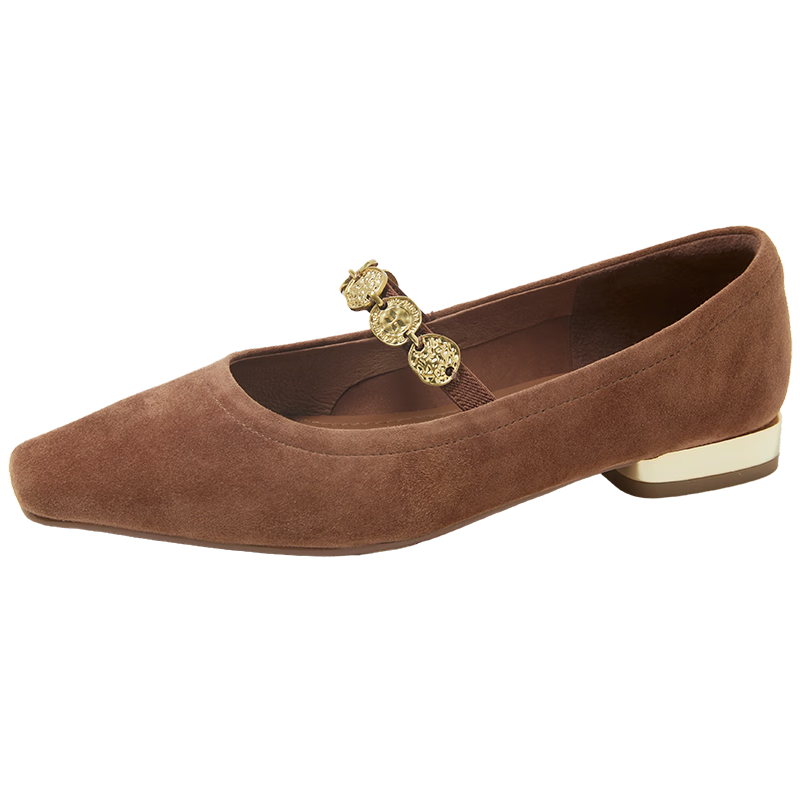 COMELY Low-Heel Mary Jane Shoes for Women, Spring New Style Retro Gold Coin Square Toe Multi-Bead Shoes, Sheepskin Velvet Shoes, Brown, Size 34