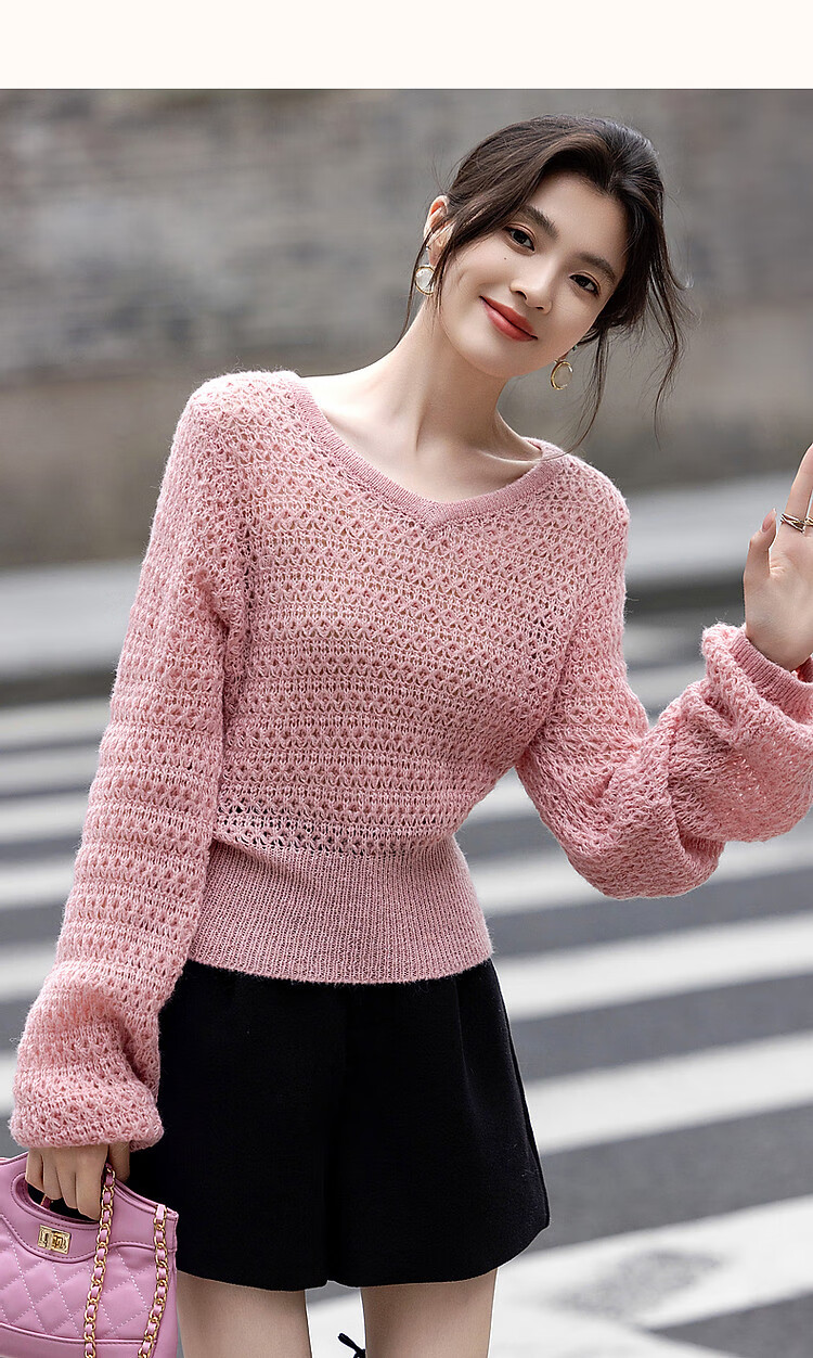 Dme [Containing Wool] Spring And Autumn Gentle V-Neck Hollow-Out Sweater, Body-Hugging, Girly Short Knit Top for Wome 15