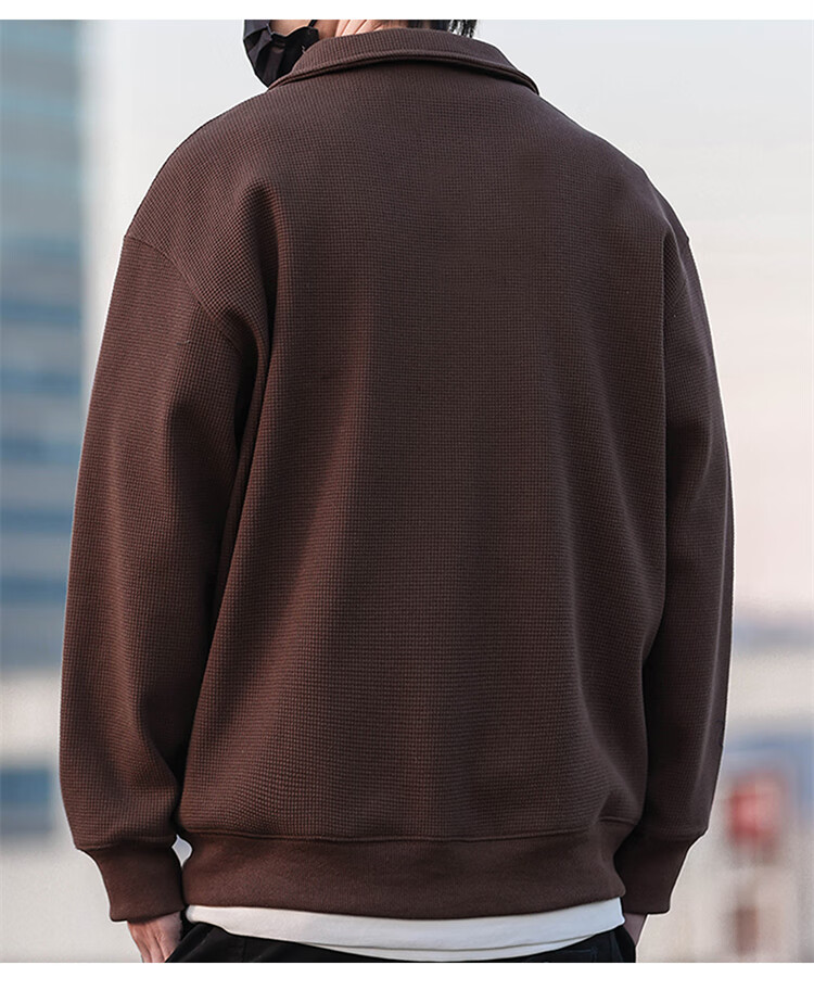 JEEP Men's Spring Autumn Vintage Waffle Knit Polo Shirt Loose Fit Base Layer Dark Coffee L 5