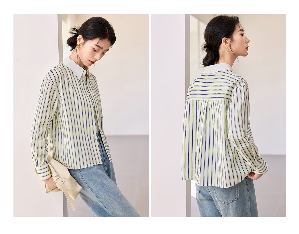 Chushen Women's Long-Sleeve Shirt, Contrasting Color Lapel, Classic Striped Short Casual Commuter Pure Cotton Blouse S51S043 6