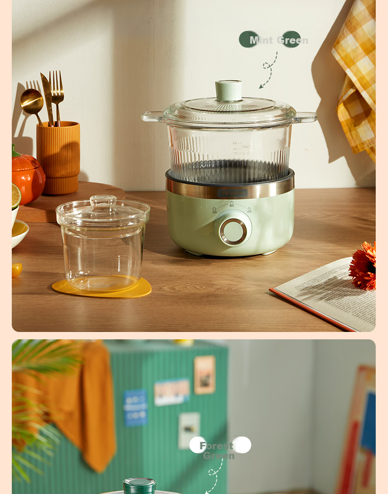 Donlim Electric Stew Pot, Soup And Bird's Nest Double Boiler, Health-Preserving Water Bath Cooker, BB Soup Pot, Small Glass Electric Stew Pot for Nourishment And Beauty, DL-9002 (Forest Green) 24