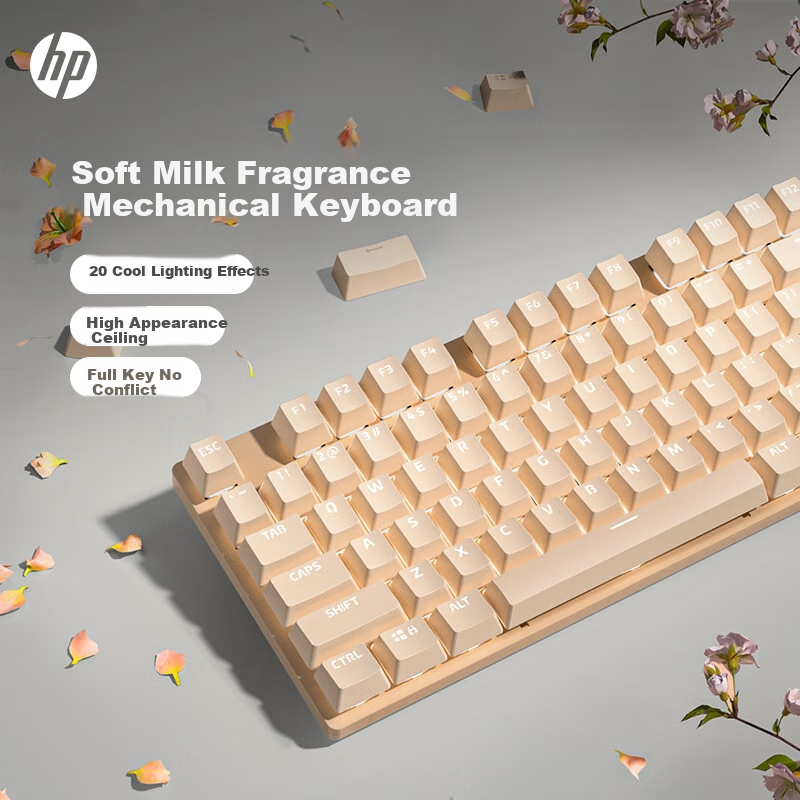HP GK400F Mechanical Keyboard, Gaming And Office Use Wired Keyboard, for Desktop And Laptop Computers, Milk Tea Color with Blue Switches, 104 Keys