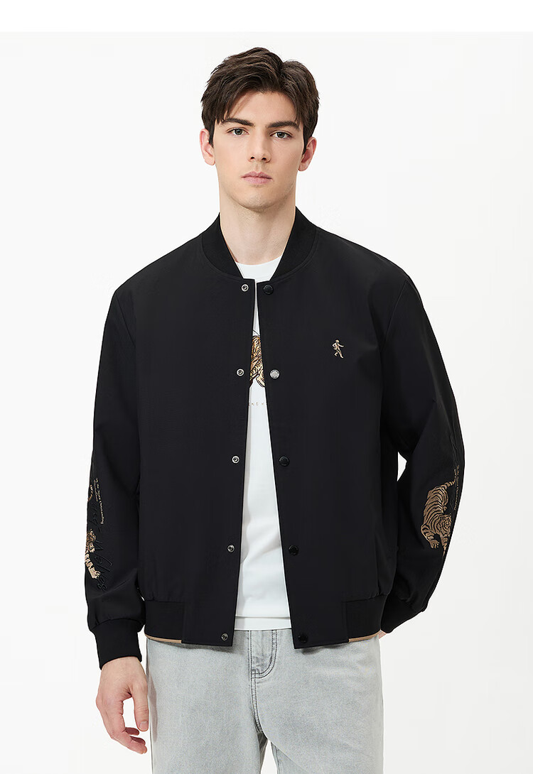 DANCING WOLVES [Tiger Logo Embroidery] Men's Baseball Collar Jacket, Easy-Care Versatile Coat, 001 Black, L(175) 4